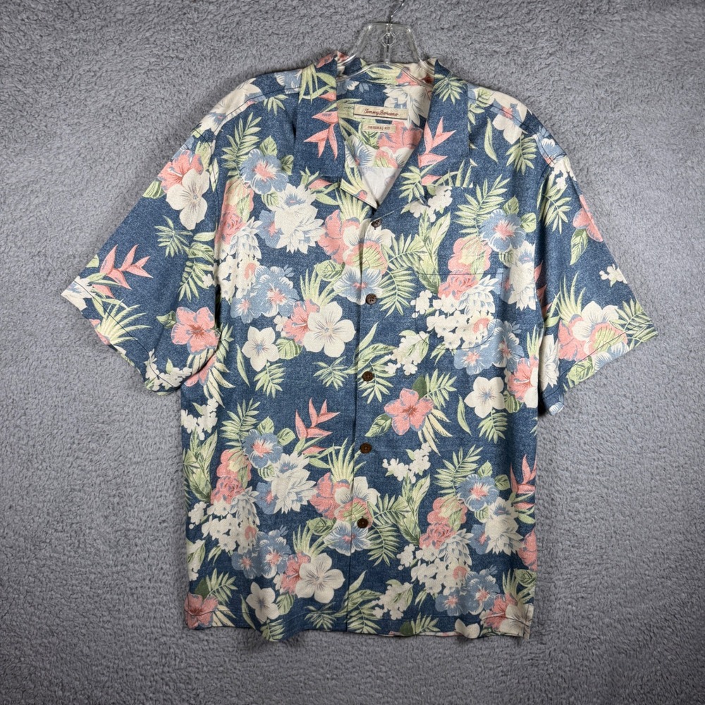Tommy Bahama Mens Large Silk Floral Tropical Camp Shirt Blue Original‎ Fit L